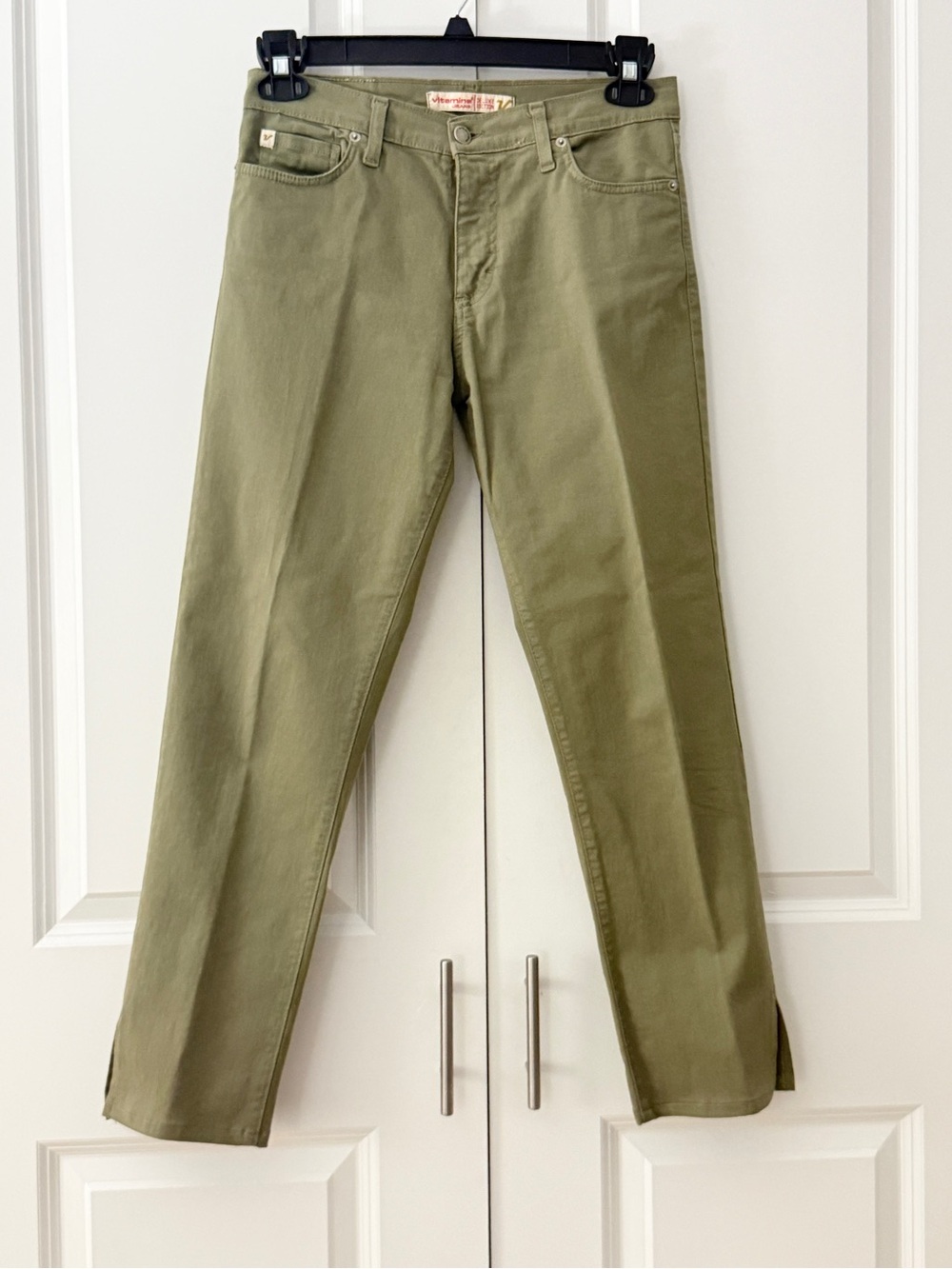 Vitamina Jeans Deluxe Olive Green Italian Stretch Straight Leg Jeans Slit Hem 44